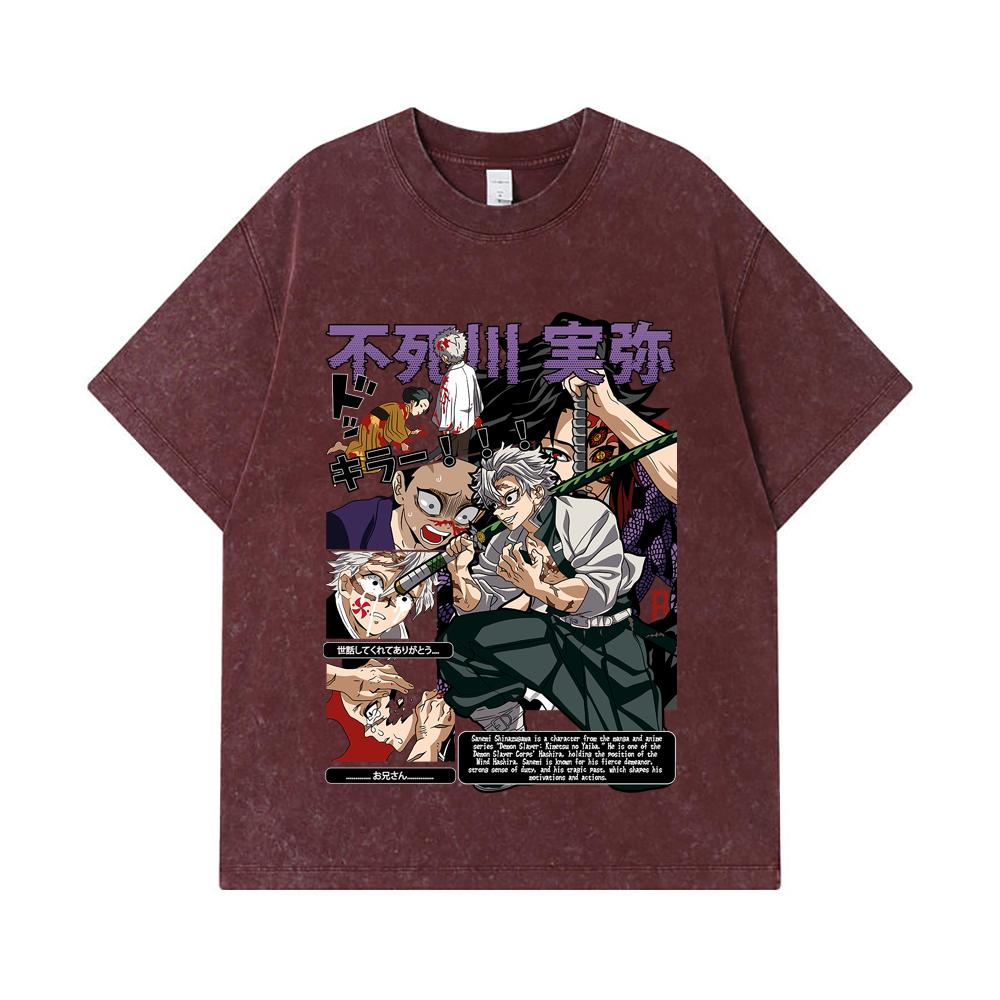 275 GSM Washed T-shirts 100% Cotton Demon Slayer V15 Sanemi Print Unisex Heavy Cotton T Shirt