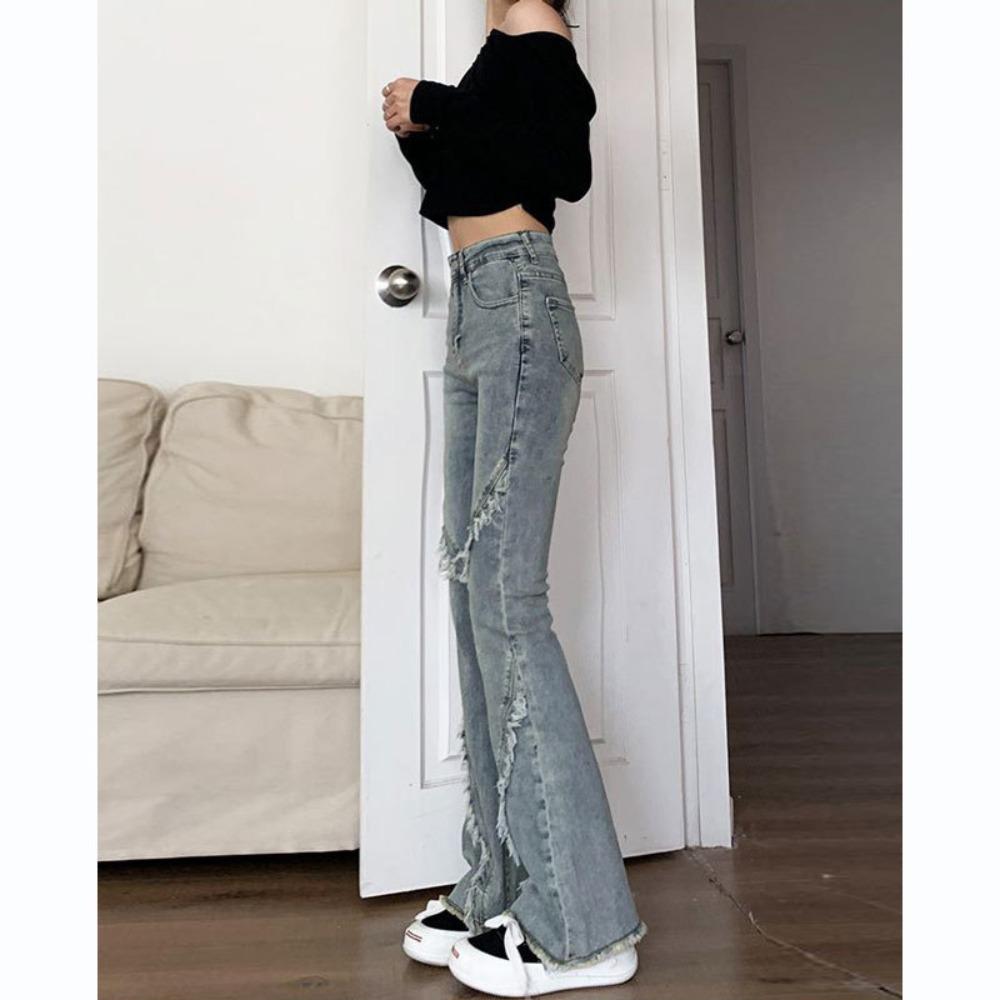 Personalized Versatile Rough Edge Splicing Micro-pull Jeans Women's Spring and Autumn New Slim-fitting High-waisted Horseshoe Pants Tide