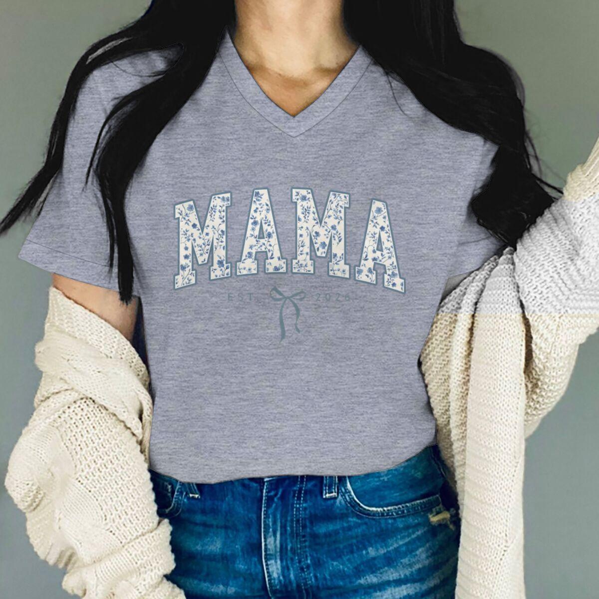 Retro Floral Est 2026 Print T-shirt Coquette Mom Gift New Mom Shirt with Bow Short Sleeve T-shirts Summer Women s Clothing 4XL серый