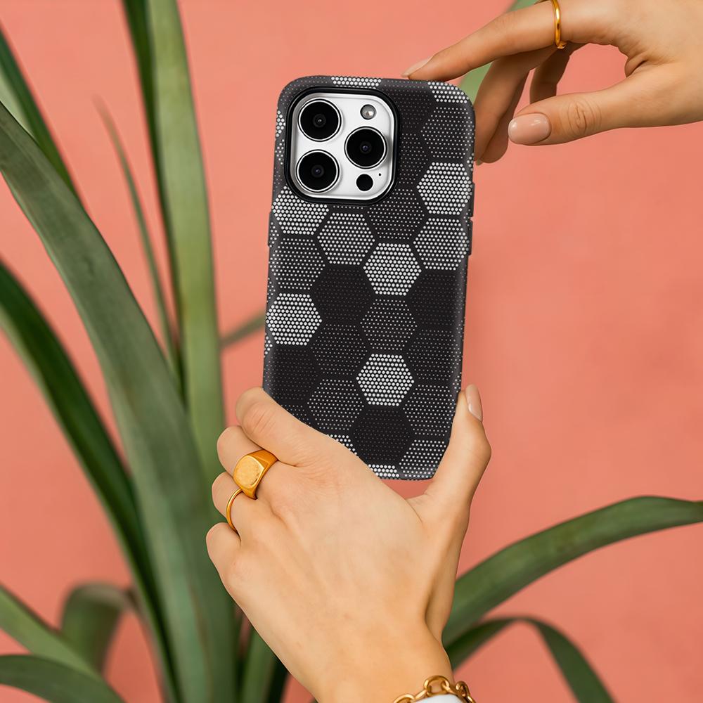 Coque de téléphone hexagonale noire à pois pour iPhone 17 16 15 14 13 Pro Max Plus pour coque rigide magnétique à une ou deux couches