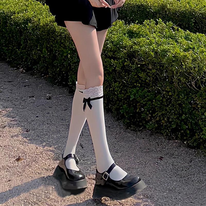 Sweet Lace Patchwork Calf Socks Lolita Bow White Cutewomen Mid-Tube Socks