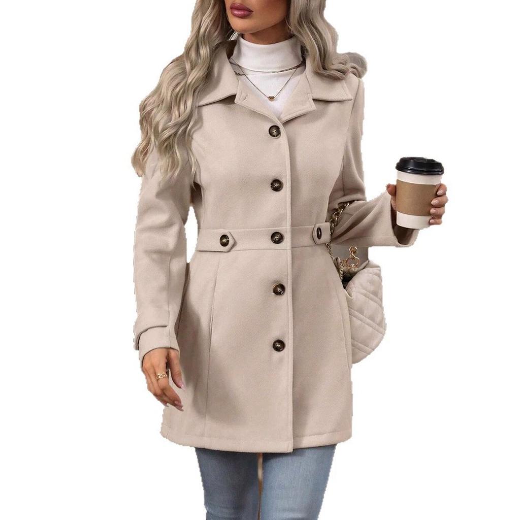 Autumn Ladies Mid-length Temperament Woolen Coat Lapel Button Temperament Slim Woolen Jacket