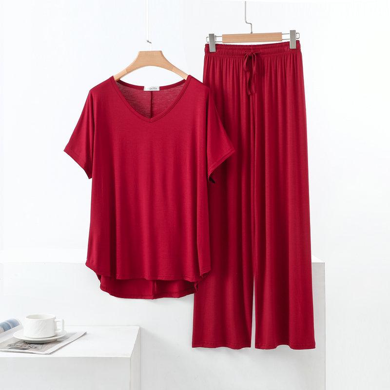 Summer Modal Homewear 2 Piece V-Neck Short Sleeve Tshirt and Wide Leg Pant Ankle Length Loose Sleepwear Set Comfort Pajama Sets