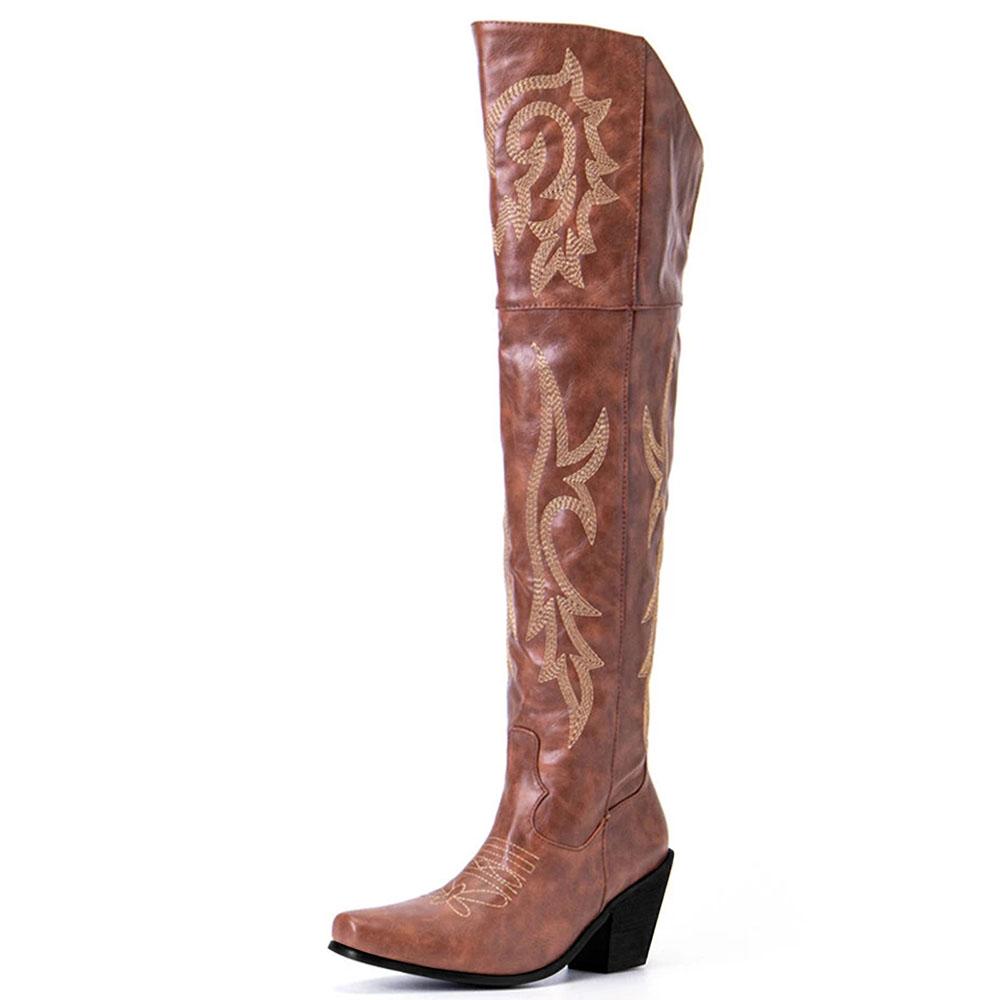 GIGIFOX Vyšívané dámské kozačky nad koleno v západním stylu s špičatou špičkou, bočním zipem, robustním vysokým podpatkem, společenské módní kozačky