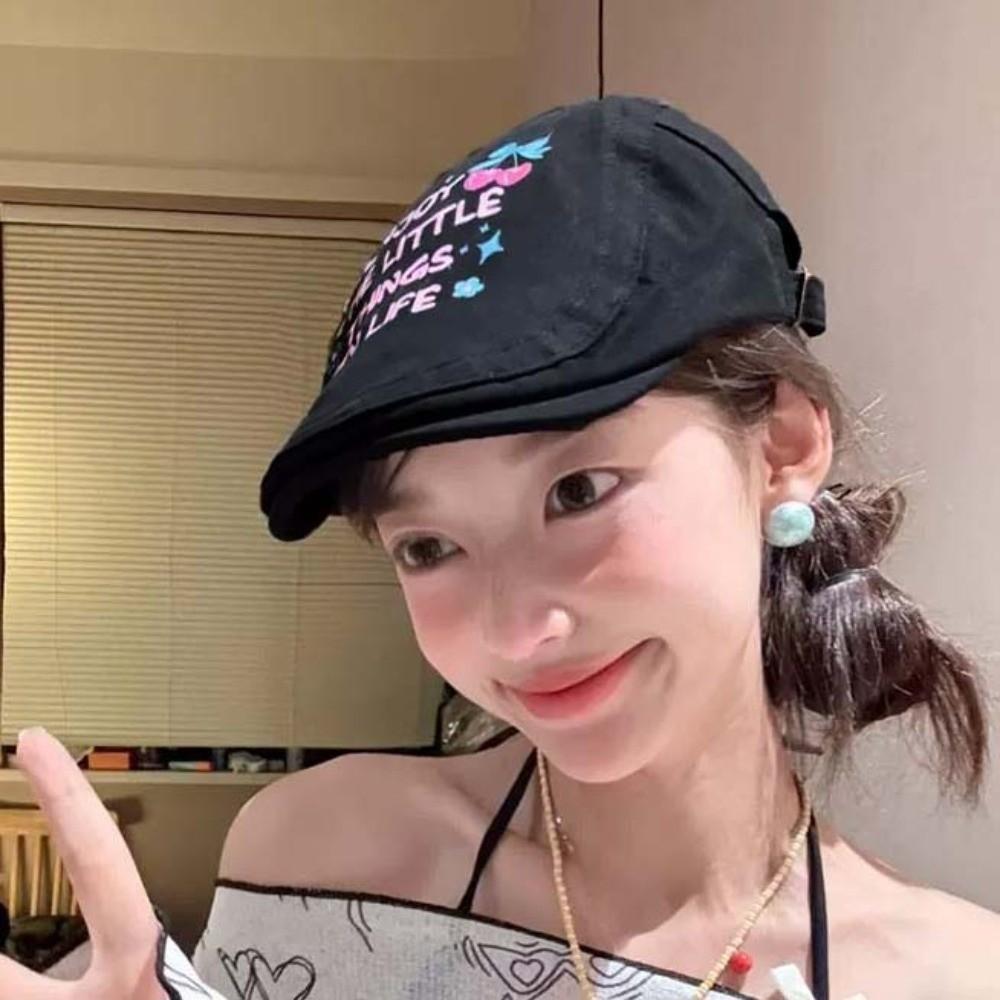 Embroidey Graffiti Forward Hat Cherry Artist Hat Adjustable Y2k Beret  Teenagers