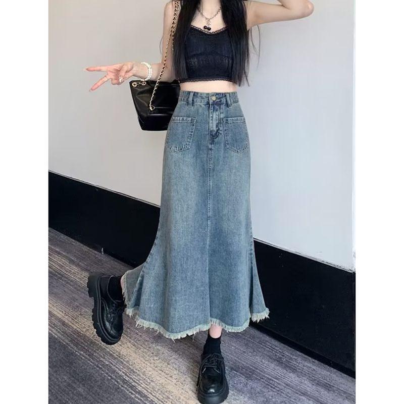 

Spring & Summer Retro High Waist Denim Fishtail Skirt for Women XS синий