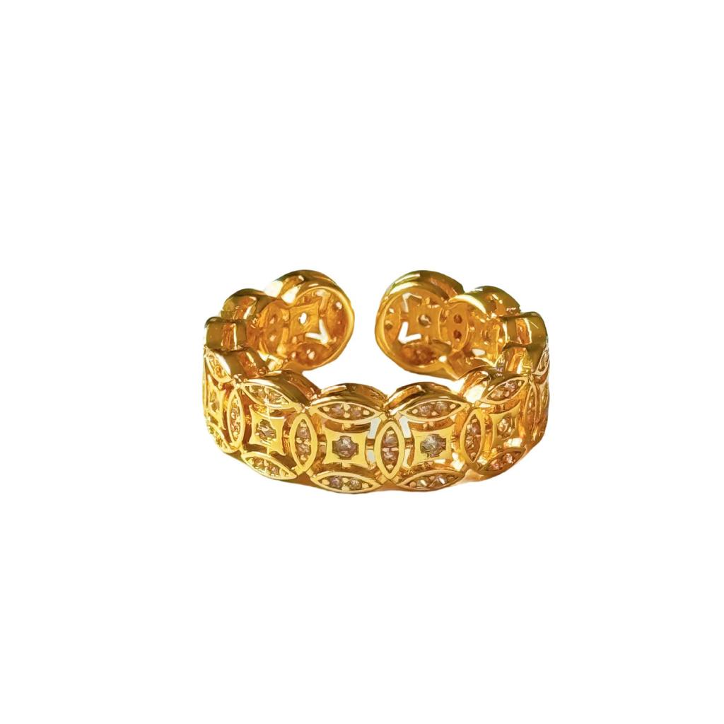 Women's Exquisite Zircon Copper Coin Ring: Fashionable, Luxurious, Versatile, Open-Design.