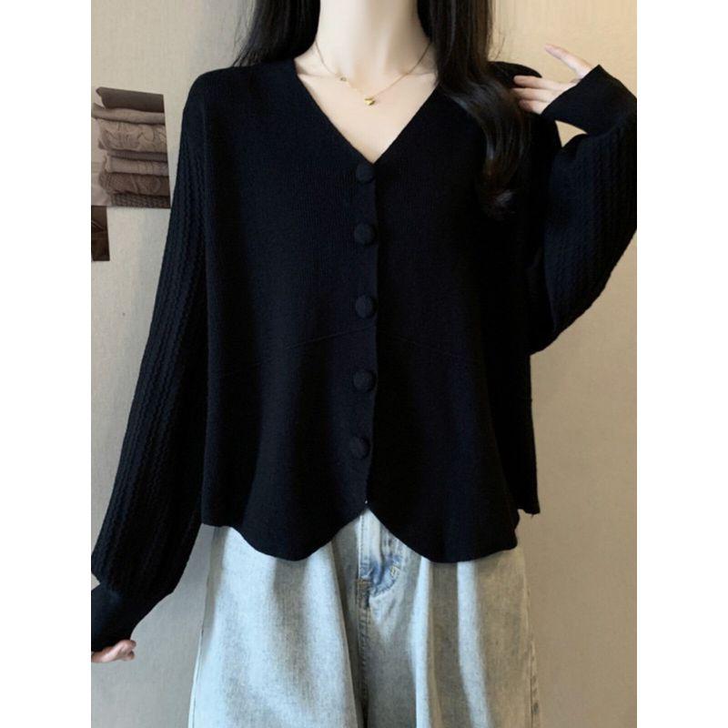 Belly Covering V-neck Single Breasted Loose-Fit Knitting Cardigan