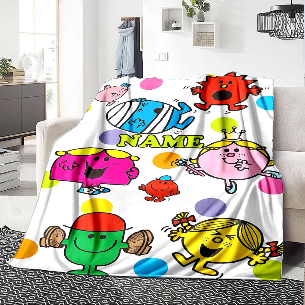 Custom Name Mr. Men and Little Miss Theme Printed Blanket - Perfect for Couch, Bed, Travel & Outdoor Use | Machine Washable, Cozy & Durable.