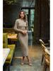 Damen Langarm Herbst/Winter Woll Bodycon Kleid - Gestrickt, Gerippt, Einfarbig, Rundhals