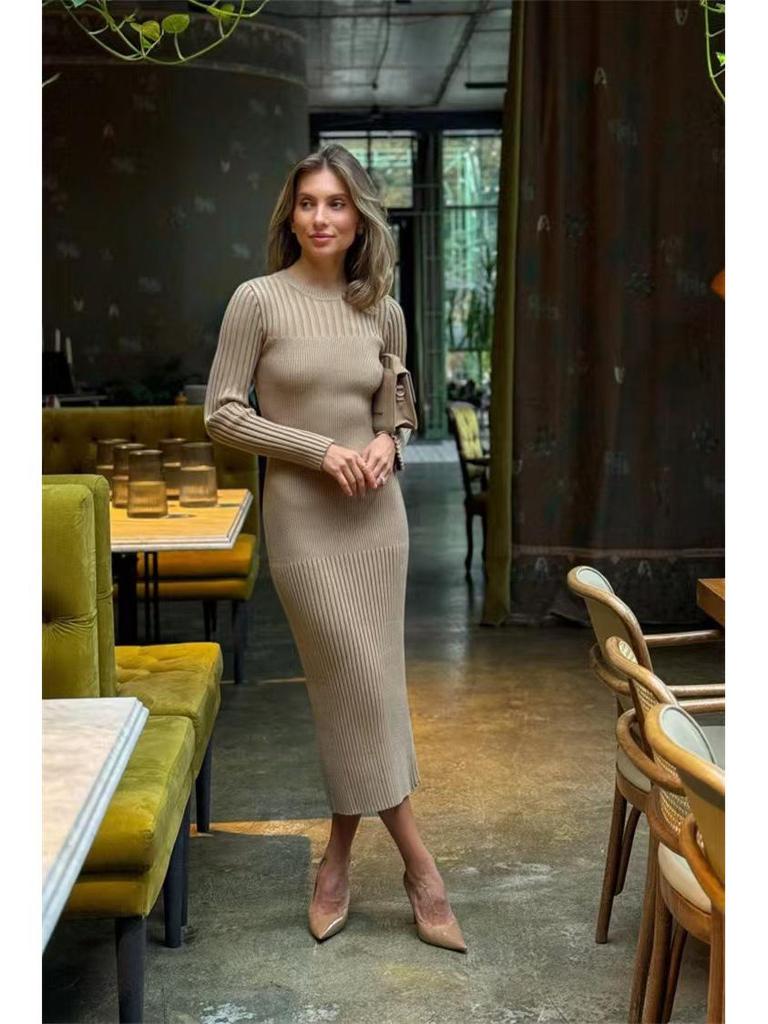 Damen Langarm Herbst/Winter Woll Bodycon Kleid - Gestrickt, Gerippt, Einfarbig, Rundhals