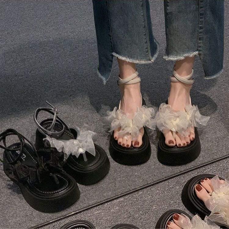 2024 Summer Exquisite Women's Fairy Sandals: Height-Enhancing, Thick-Soled, Bowknot Design, Perfect for Dresses and Beach Outings