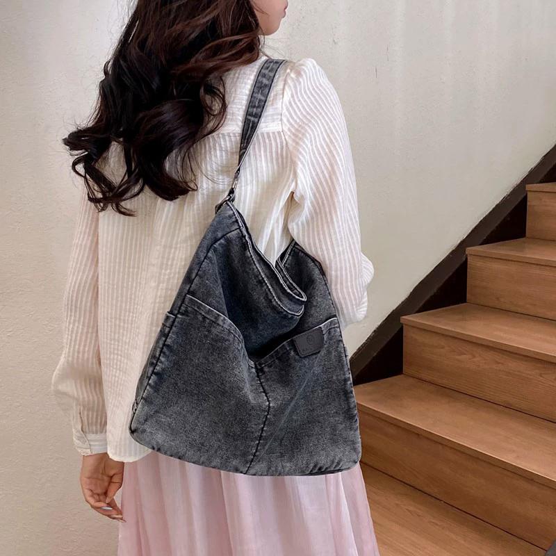 Vintage Denim Shoulder Bag Women's Large Capacity Messenger Bag Multi-pockets Satchel Adjustable Strap Ladies Crossbody Bag AVE