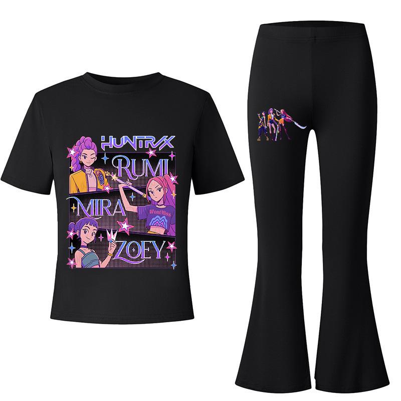 Demon Slayer KPOP Theme Big Kids Summer Short Sleeve T-Shirt + Draped Flared Pants Comfortable Non-Sweaty