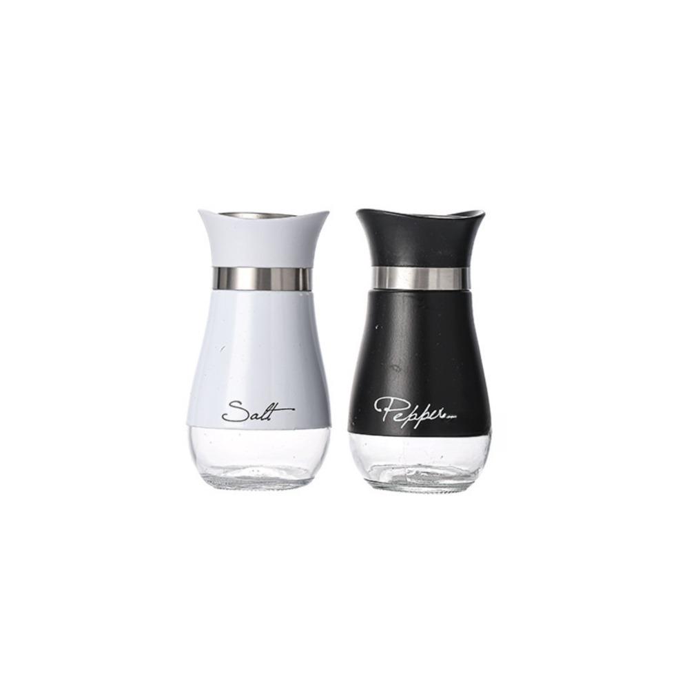 2Pcs/Set Salt & Pepper Kitchen Glass Spice Bottle Refillable Black Condiment Jar with Pour Holes with Rack Spice Dispenser