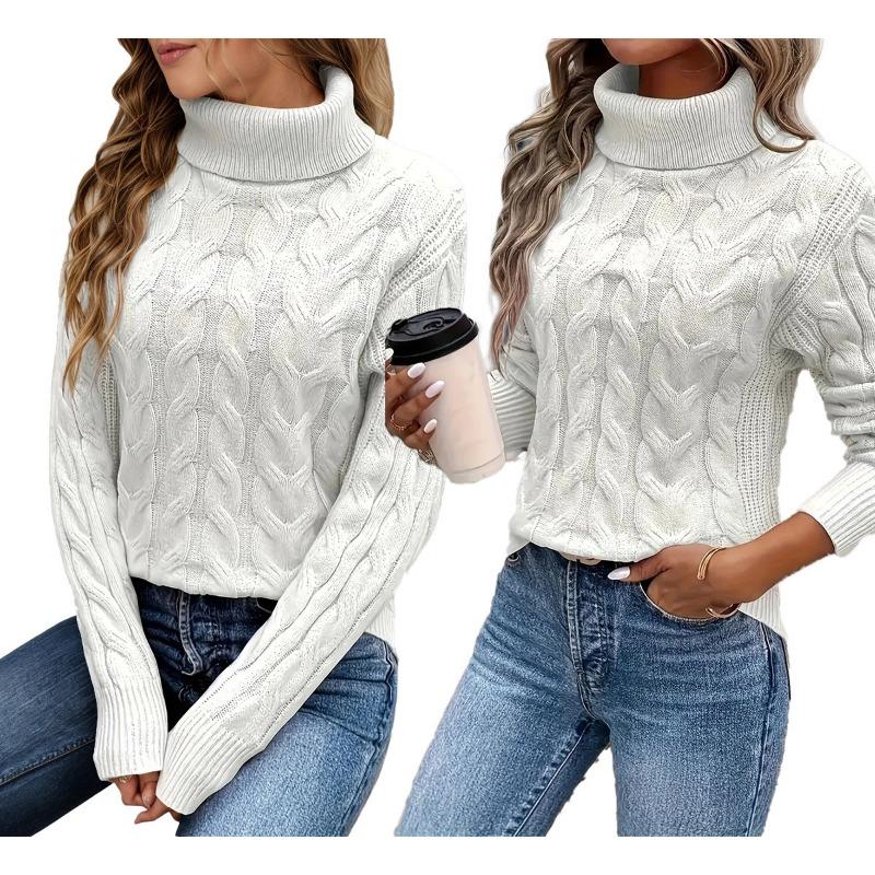 Women S Solid Twist Knit High Neck Long Sleeve Sweater