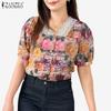 ZANZEA Women Summer Lace Splice V-Neck Short Sleeve Floral Print Blouse