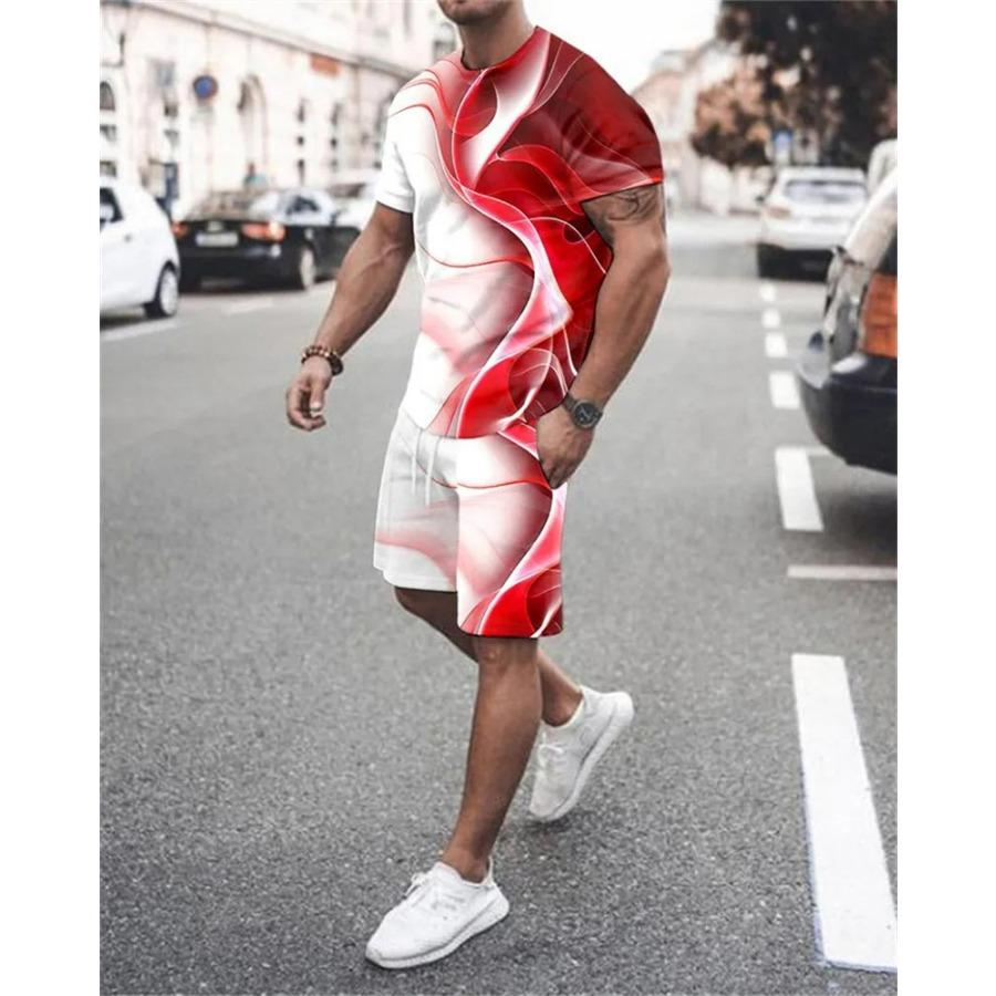 Men's Summer Casual T-Shirt Set Striped 3D Printed T-Shirt Short Sleeve Shorts 2 Piece Oversized Casual Beach Sports Suit