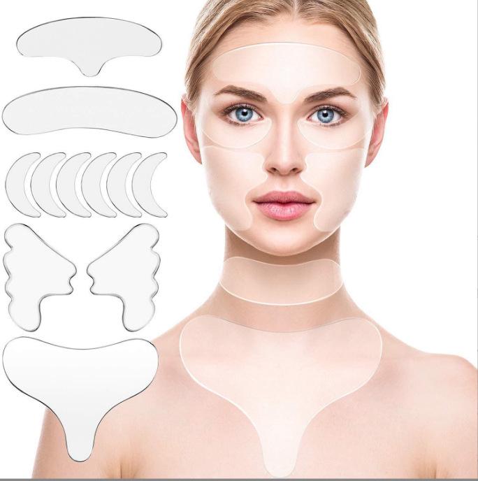 16-Piece Silicone Anti-Wrinkle Stickers for Face: Forehead, Eye, and Neck, Plus 11-Piece T-Shaped Chest Set