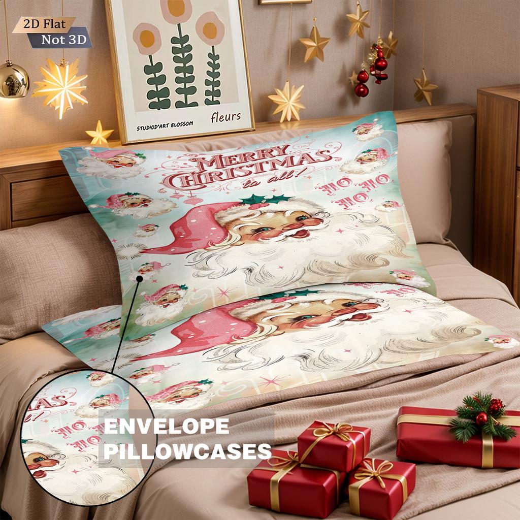 3pcs Merry Christmas Pink Santa Claus Printed Chipless Bedding Set Multi Size Bedroom Bedding Decoration Machine Washable