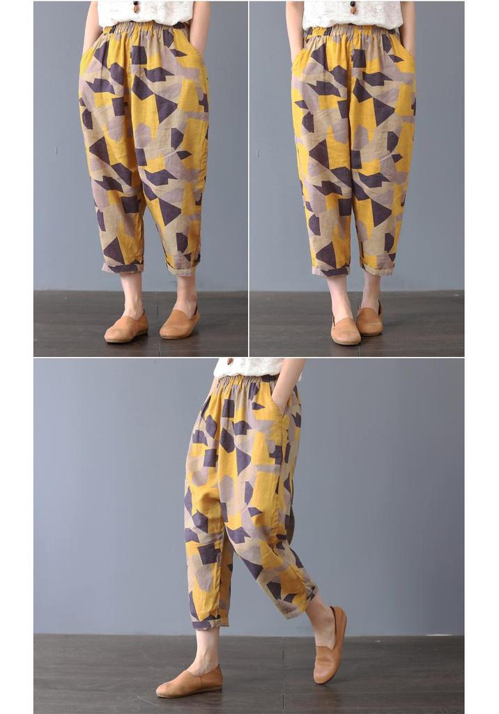 Retro Artistic Cotton Harem Pants - Breathable, Loose-Fit Summer Women's Plus Size Cropped Pants