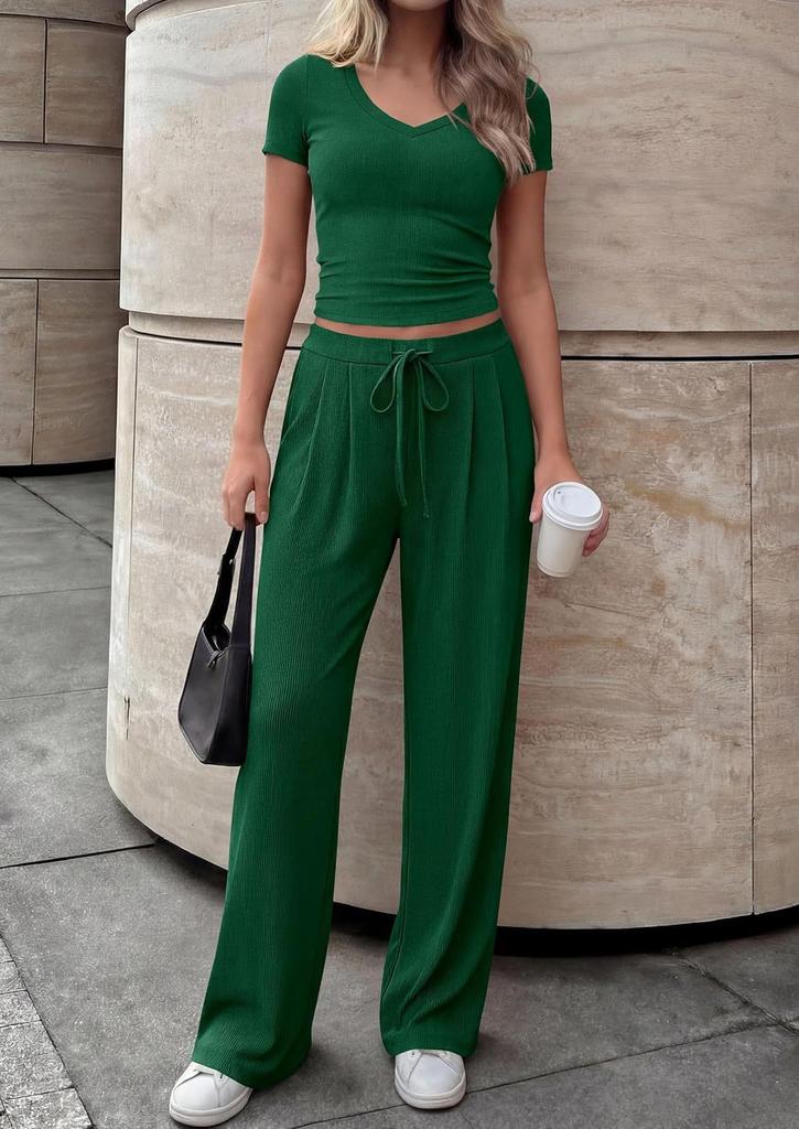 Women's Casual Fashion V-Neck Short-Sleeve Wide-Leg Pantsuit
