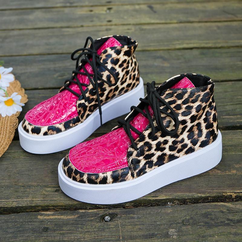 Large Size Spliced High Top Sports Shoes with Flat Heels and Leopard Print Casual Shoes