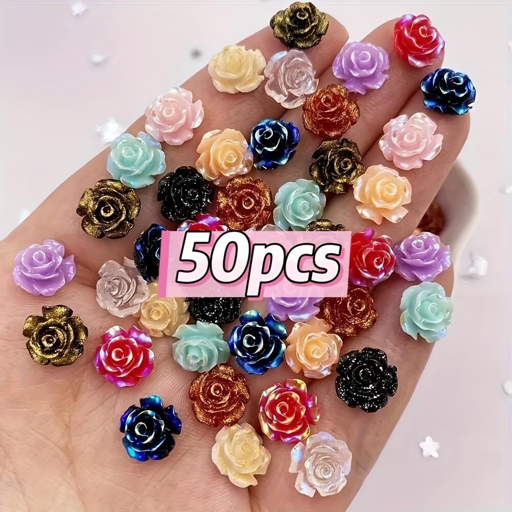 

10mm AB Resin Glitter Rose Rhinestones - 50 Pieces Flat Back Floral Gems for Scrapbooking, Wedding Decoration, DIY Nail Art and