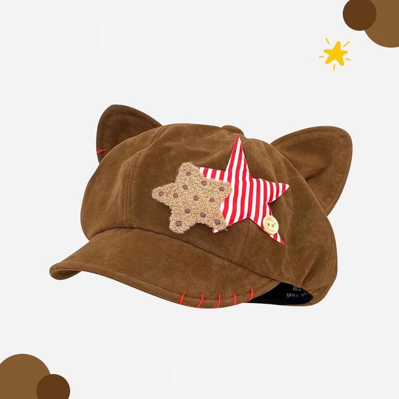 Женская японская ретро беретка в полоску с ушками кошки