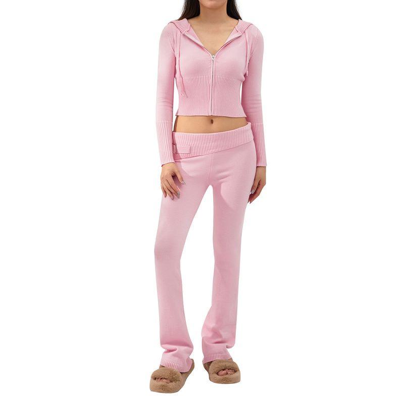 European and American New Knitted Hood Set Women Clothes Fashion Sexy High Waist Long Sleeve Trousers Two-piece Set