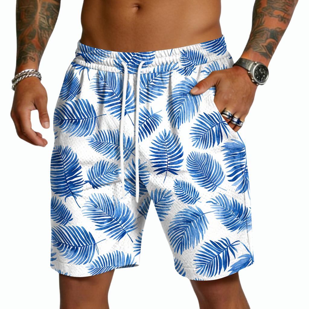 Herren Freizeitshorts mit Kordelzug Leichte Schnelltrocknende Fünf-Punkt-Länge Hawaiianischer Print Sommer Strandmode Badeshorts