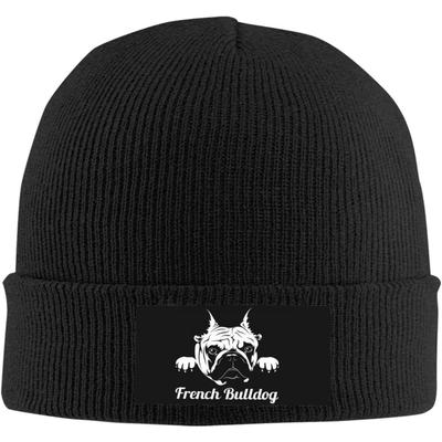 Black Knitted Beanie with French Bulldog Patch Winter Warm Hat for Men Women Dog Lover Animal Print Skull Cap