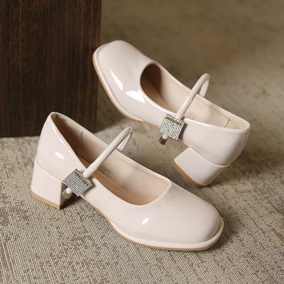 2025 printemps et automne nouveau mot unique avec strass talon épais Mary Jane chaussures simples pour femmes polyvalentes à talons hauts tendance