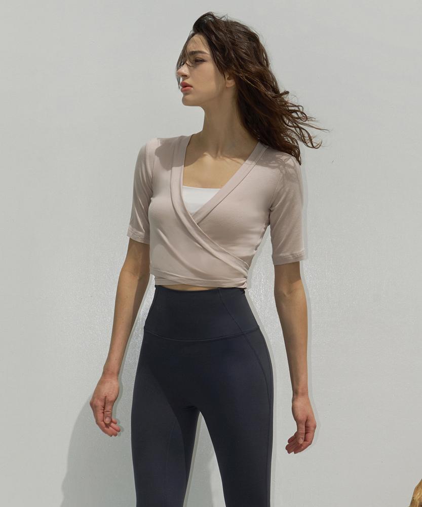 Debiweeo Women'S Yoga Wear Devi-T0066-Beige Pilates Ballet Strap Cardigan Short Sleeve Tee