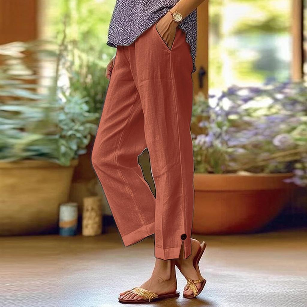 Women's Fashion Solid Color Loose Solid Color Elastic Waist Pocket Straight Leg Casual Cropped Pants