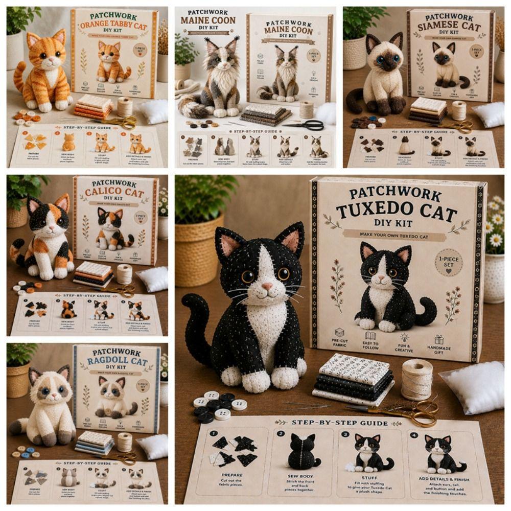 Step by Step Guide Cat Sewing Kit Pre Cut Fabric Patchwork Craft Kit Patchwork Cat Kit  Home Decor