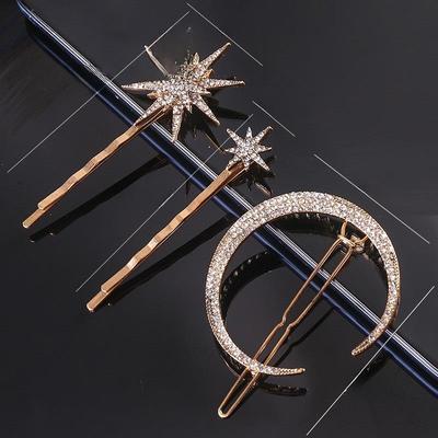 Zestaw retro geometrycznych spinek do włosów w kształcie diamentów: Księżyc, Słońce, Spinki do włosów z gwiazdami i klips boczny z pełnymi diamentami