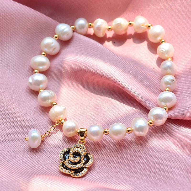 

100% Natural Freshwater Pearl Sweet Rose Flower 14K Gold Filled Female Beads Chain For Women Bracelet Gifts No Fade