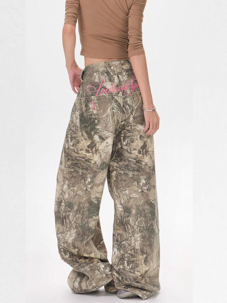 Men's Retro Camo Embroidered Straight-Leg Jeans - High-Design Streetwear, Floor-Length Wide-Leg Pants