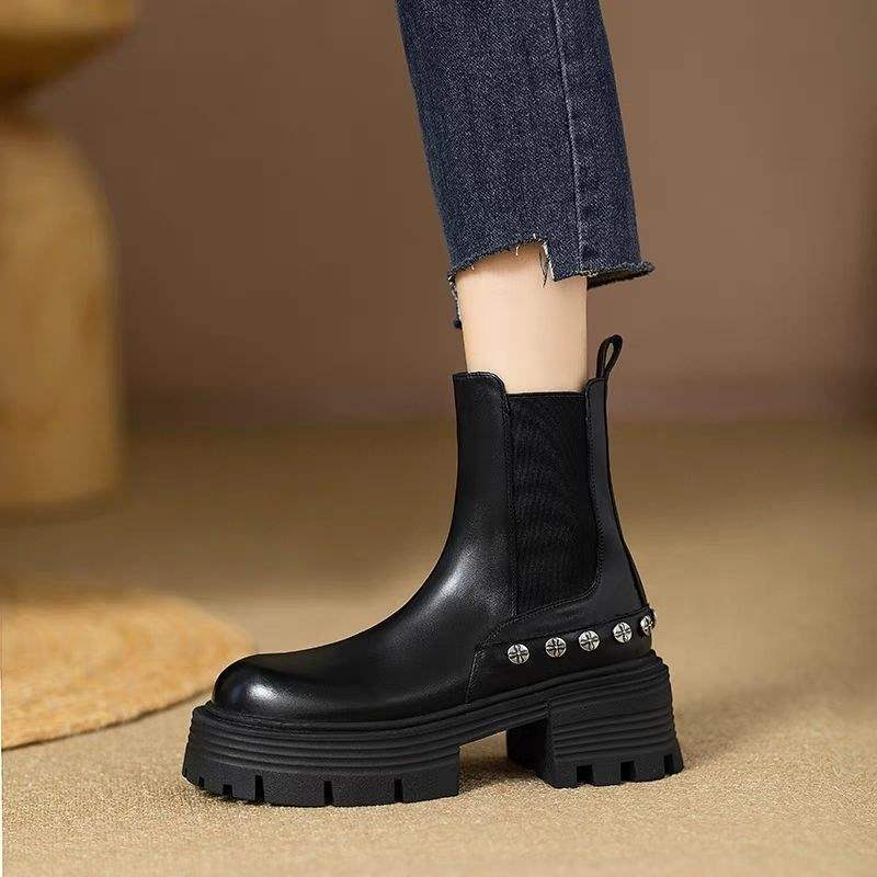 Thick-soled heightening short boots women's 2025 autumn and winter new versatile velvet muffin pipe Chelsea boots thick heel Martin boots