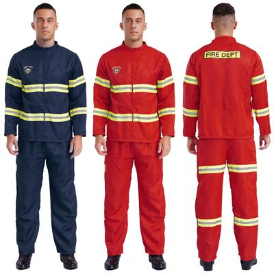 Feuerwehrmann-Kostüm für Herren, 4-teilig, Plastikhelm, Langarm, Jacke, Mantel, Hose und Gürtel, Set mit reflektierenden Streifen