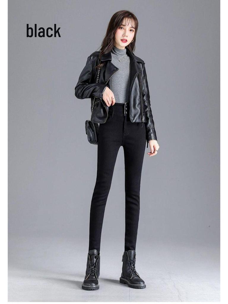 High-Waisted Thick Velvet Skinny Jeans for Women - Winter Slim Fit Stretch Jeggings