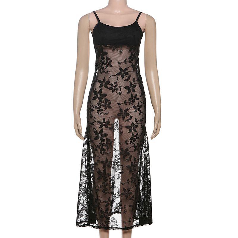 

Western Style Ins New Fashion U Collar Sling Slim fit Long dress Sexy Backless Lace Perspective Dress Women Black L