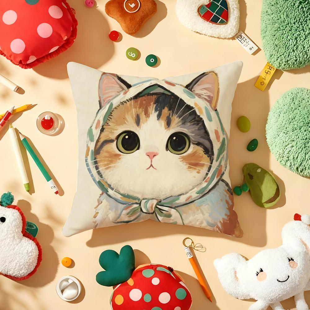 Art Cat Cute Cushion Cover Plush Fabric Soft Double-Sided Printed Sofa Warm Winter Home Child Gift Pillow Case