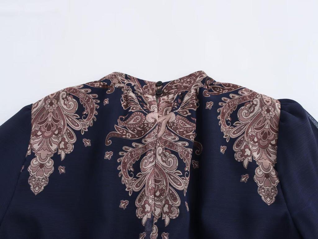 2025 Spring Women's European & American Stand-Up Collar Casual Print Dress