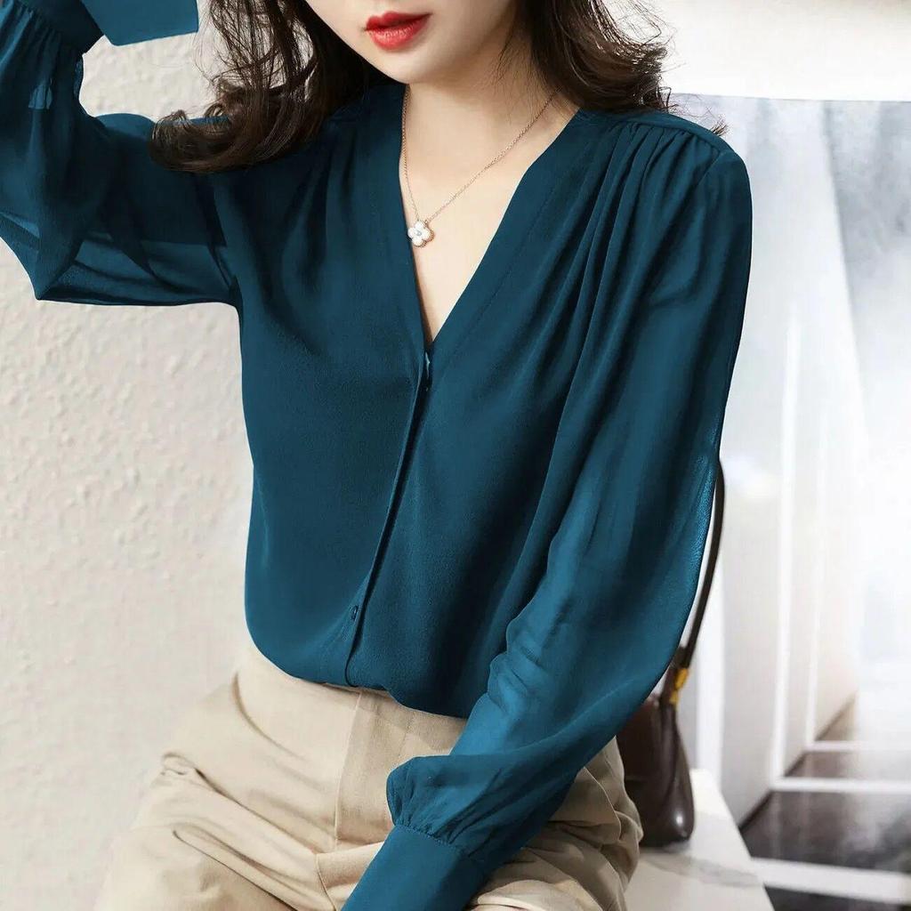 Long-sleeved Shirt, Women's Spring and Fall New French V-neck Design Sense of The Top, Temperament Loose Chiffon Shirt Female