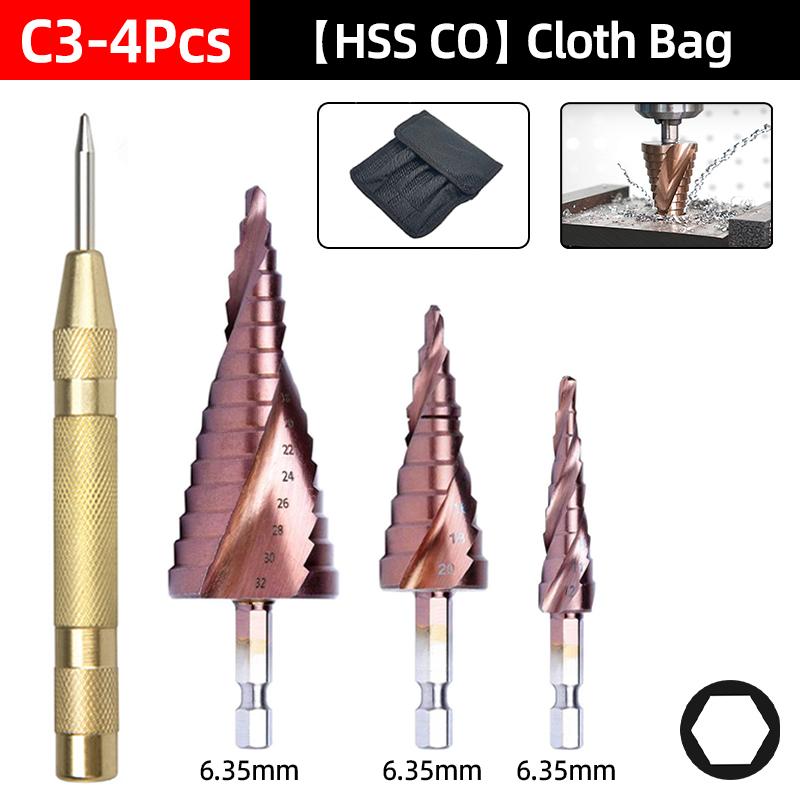 HSS CO Cobalt Step Drill Bit Straight Spiral Groove Hex  Shank Metal Stainless Steel Hole Saw Cutter Stepped Drilling Power Tools