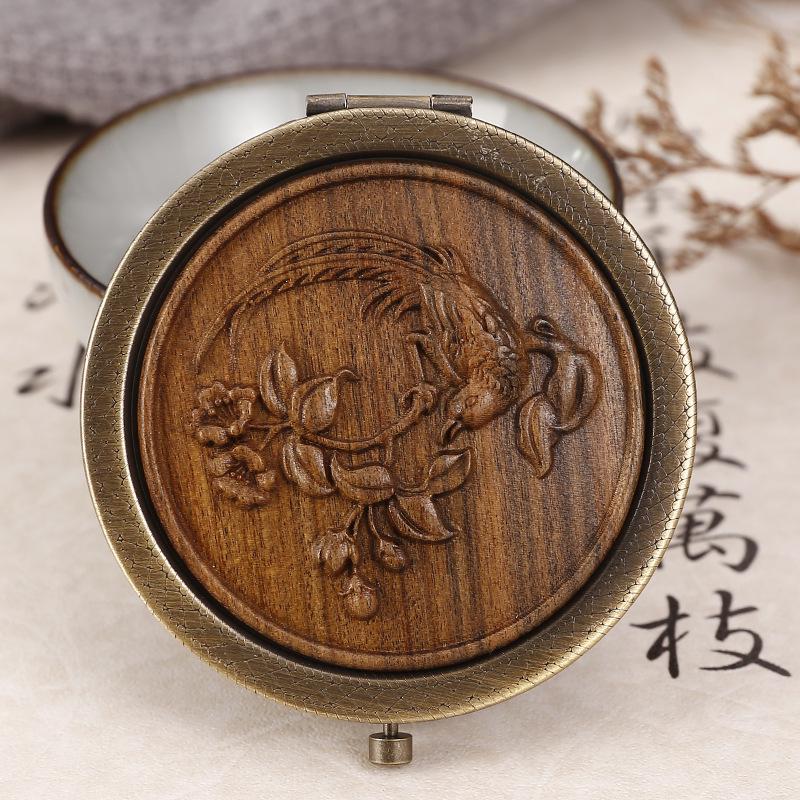 Portable Green Sandalwood Folding Vanity Mirror - Exquisite Round Design, 5 Styles Available