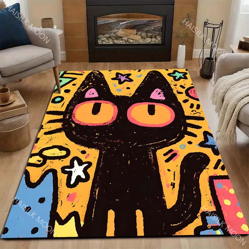 Mehrere Größen Cartoon schwarze Katze mit Sternen Teppich für Wohnzimmer Schlafzimmer Sofa Heimdekoration Rus Rutschfeste Fußmatte Luxuriöses Geschenk