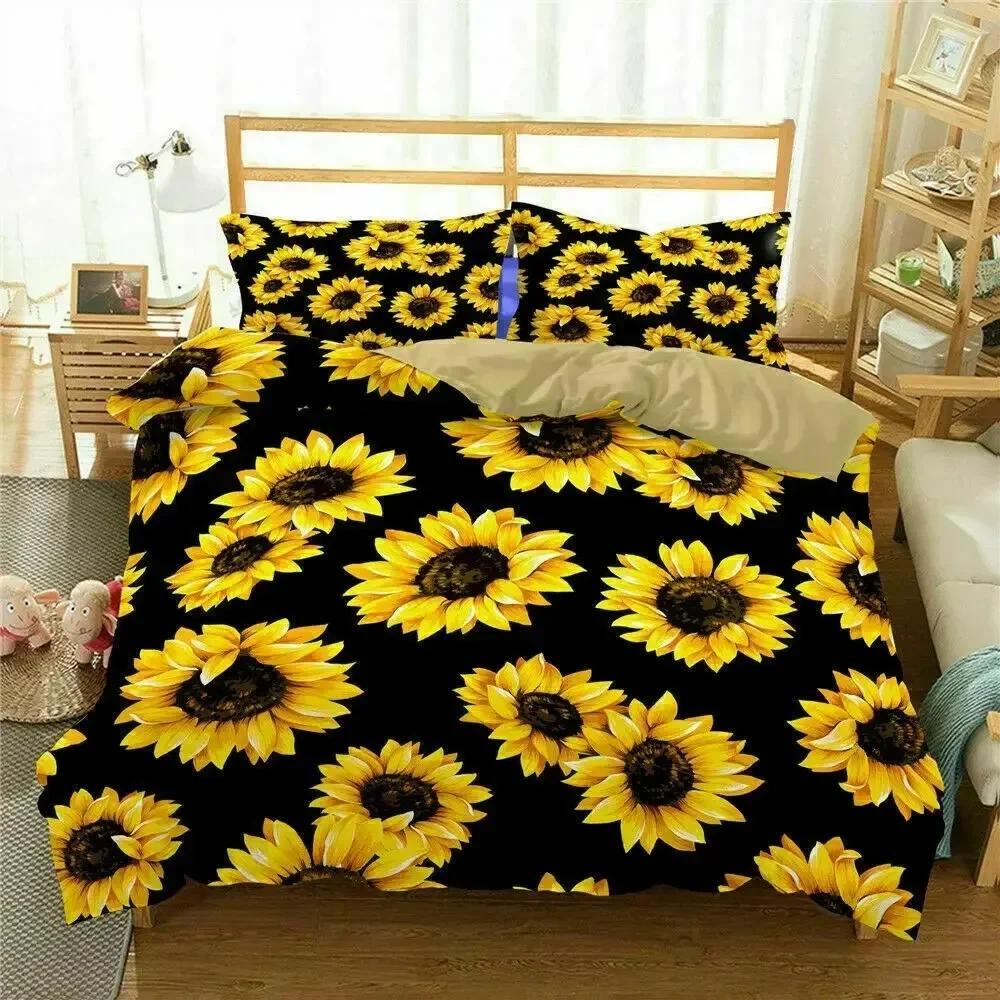 Top 3D Floral Comforter Cover King Size for Kids Women Yellow Flowers Bedding Set Sunflower Duvet Cover Polyester Quilt Cover